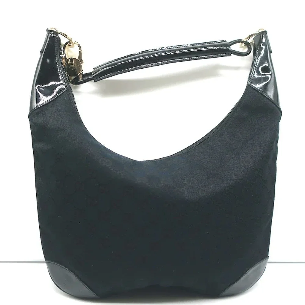 Gucci Monogram Hobo Black Patent Leather-Trim Canvas Medium Shoulder Bag - Picture 2 of 12